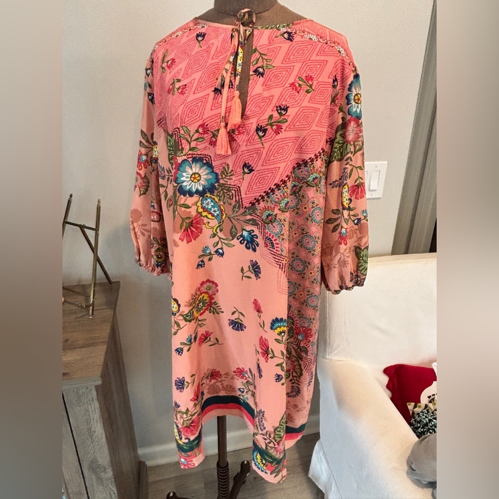 Johnny Was Coral Pink Floral Long Sleeve Midi Dress with Tassel Tie